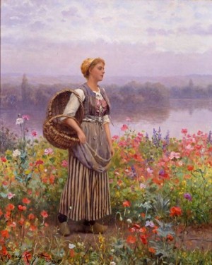 Girl with basket on the stream